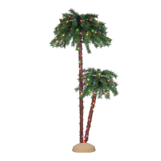 3.5ft. &#x26; 6ft. Pre-Lit Double Trunk Artificial Palm Tree, Multicolor LED Lights